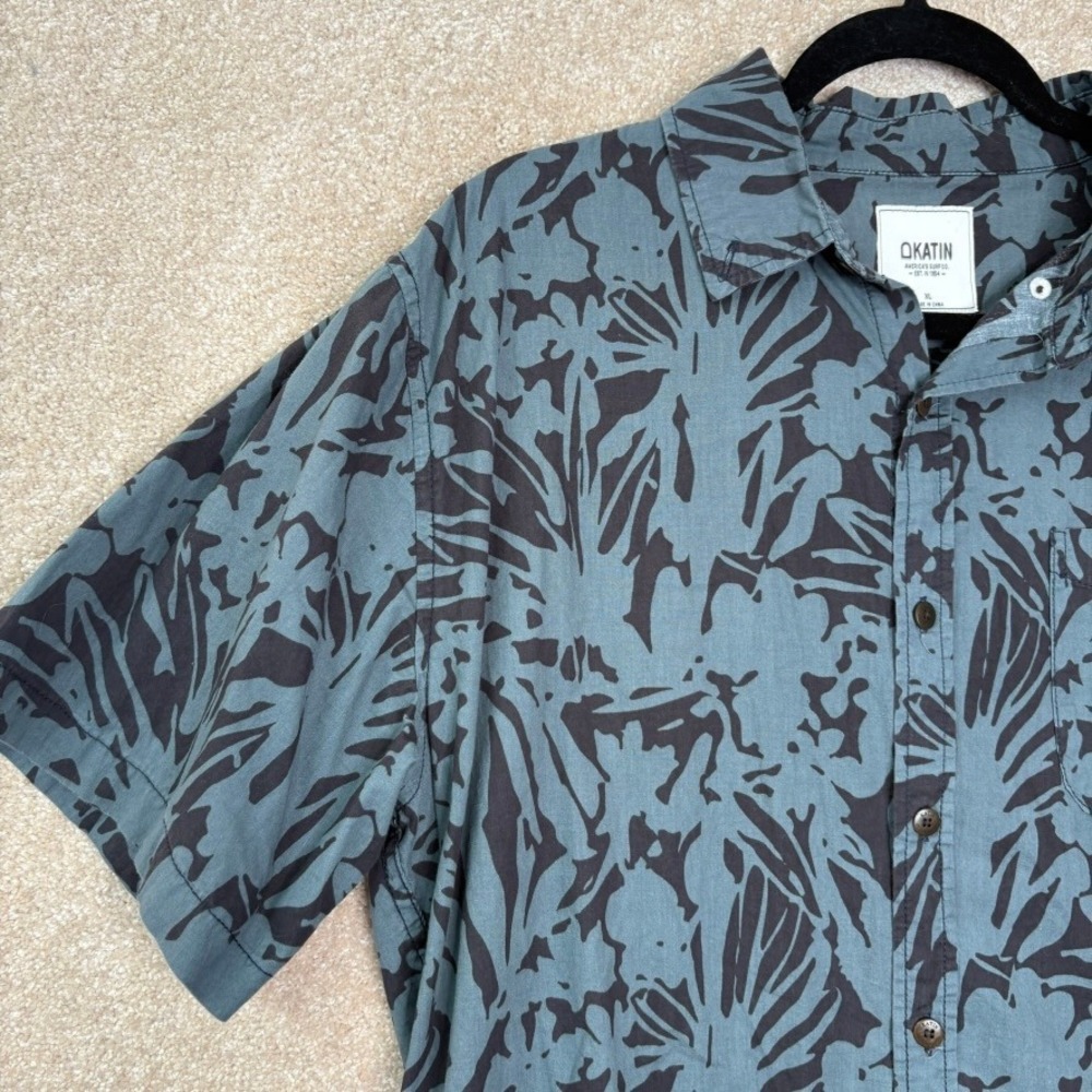 KATIN Button Down Shirt Men's XL‎ Teal Short Sleeve Cotton Palm Leaf Surf Skate
